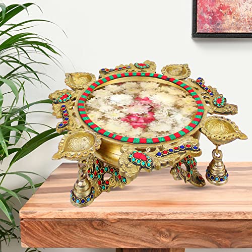 ARTVARKO™ Brass Peacock Design Traditional Multicolor Stone Urli with Diyas and Bells Flowers Bowl Showpiece Home Office Gift 13 Inch - Image 1