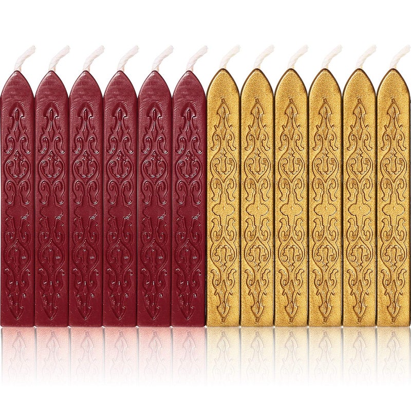 Bememo Bememo 12 Pieces Sealing Wax Sticks with Wicks Antique Fire Manuscript Sealing Wax for StampFlashing Wine Red and Gold