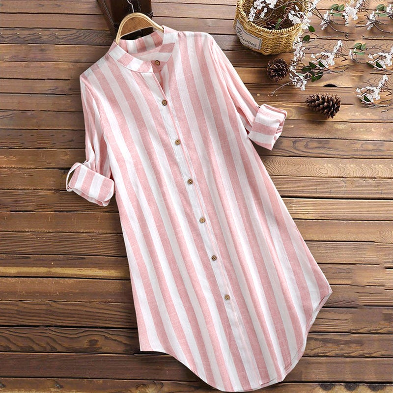 Women's Striped Long Sleeve Cotton Linen Shirt - Image 3