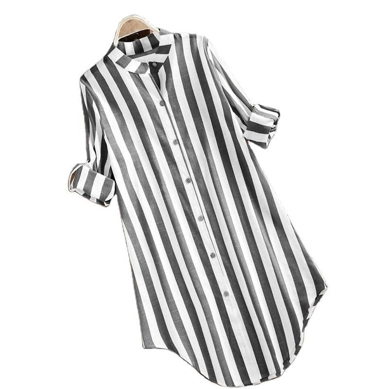 Women's Striped Long Sleeve Cotton Linen Shirt - Image 5