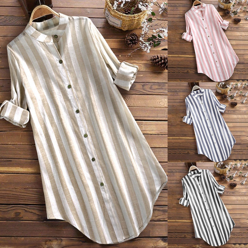 Women's Striped Long Sleeve Cotton Linen Shirt - Image 2