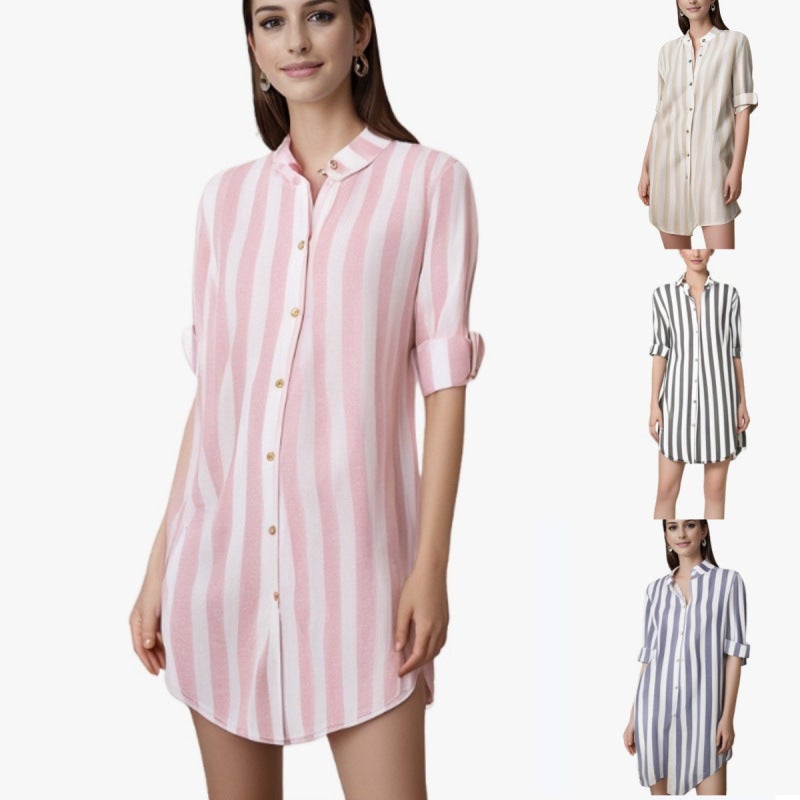 Women's Striped Long Sleeve Cotton Linen Shirt - Image 1