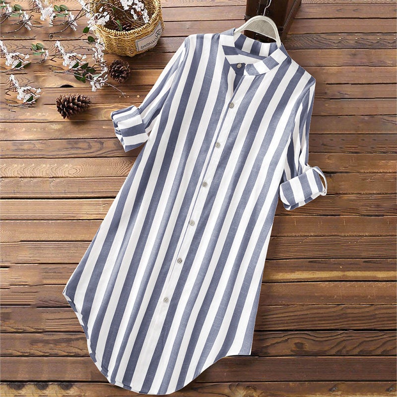 Women's Striped Long Sleeve Cotton Linen Shirt - Image 4