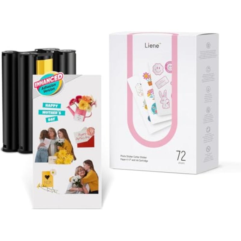نسخة التصاق محسنة من الورق والخرطوشة من Liene - 2 عبوة خرطوشة حبر و72 ورقة صور مقاس 4 × 7 بوصة، مقاومة للماء وصبغ التسامي، متوافقة مع Liene PixCut S1 - Image 1
