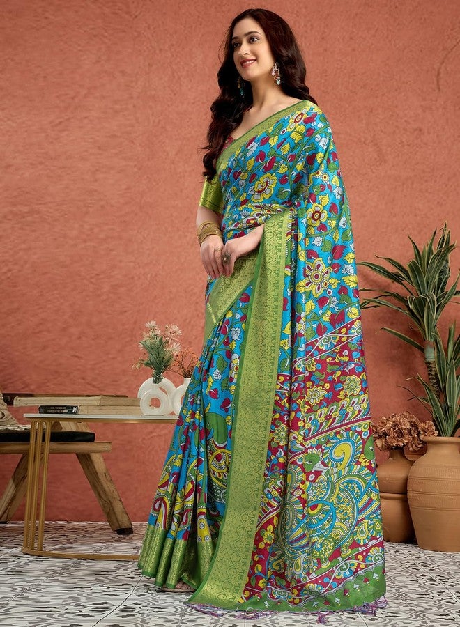 SIRIL Women's Tussar Silk Kalamkari Printed & Weaving Border & Tassels Saree With Unstitched Blouse Piece (4306S342A_Blue) - Image 2