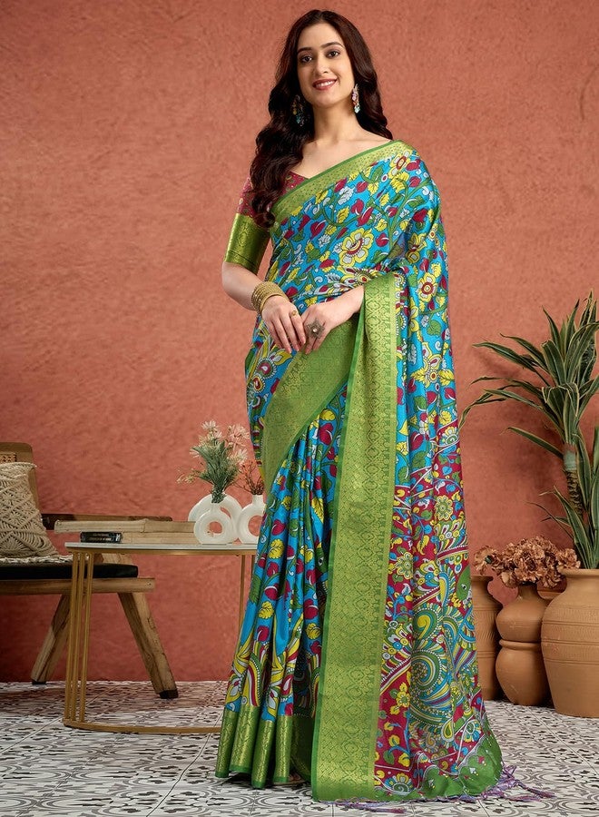SIRIL Women's Tussar Silk Kalamkari Printed & Weaving Border & Tassels Saree With Unstitched Blouse Piece (4306S342A_Blue) - Image 1