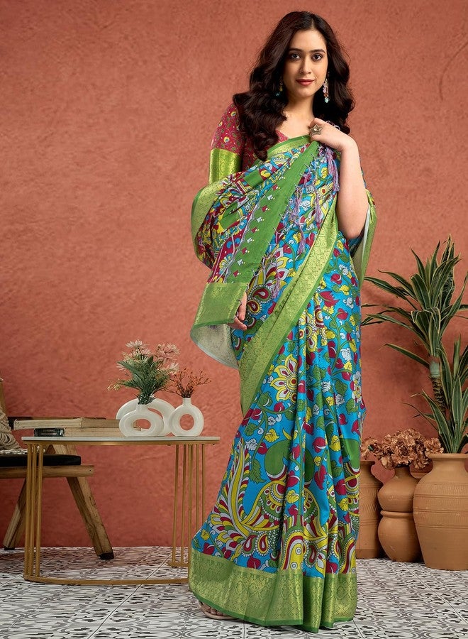 SIRIL Women's Tussar Silk Kalamkari Printed & Weaving Border & Tassels Saree With Unstitched Blouse Piece (4306S342A_Blue) - Image 3