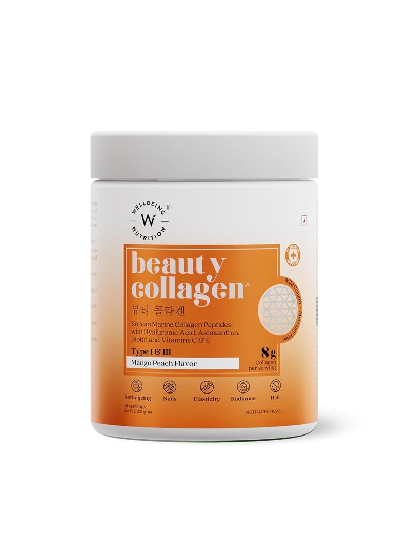 Korean Beauty Marine Collagen Skin Radiance Peptides 8g | Biotin, Vitamin C, E, Hyaluronic, Astaxanthin | Clinically Proven Healthy Skin, Hair & Nails | Mango Peach powder, 250gms