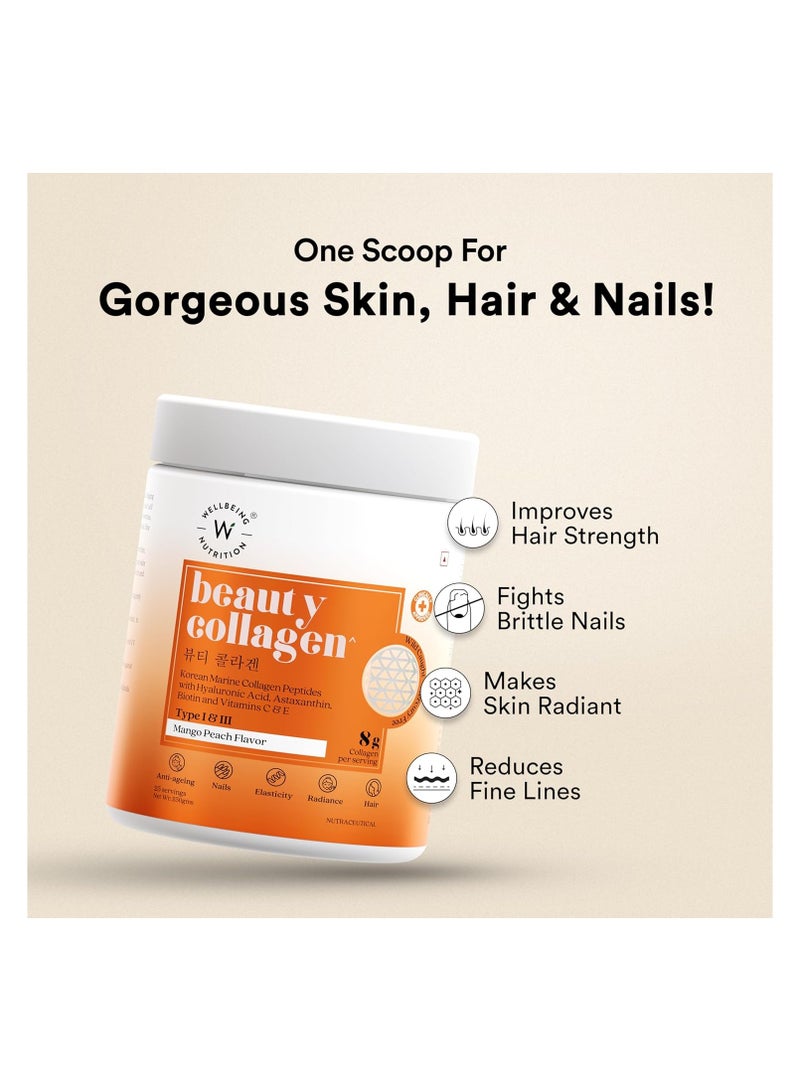 Korean Beauty Marine Collagen Skin Radiance Peptides 8g | Biotin, Vitamin C, E, Hyaluronic, Astaxanthin | Clinically Proven Healthy Skin, Hair & Nails | Mango Peach powder, 250gms