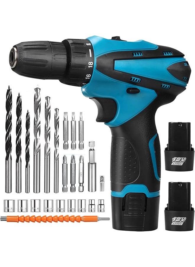 WEMART - 12V Cordless Drill Set Electric Drill With Battery And Charger Home Power Drill 3 8 Inch Keyless Chuck 2 Variable Speed 18+1 Position Led Light And 24Pcs Accessories Blue - Image 1