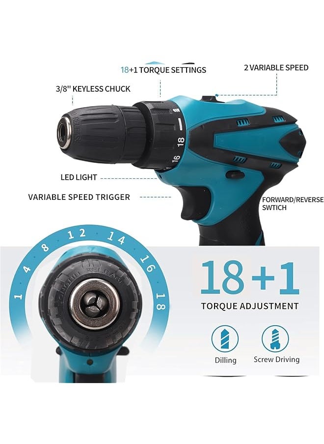 WEMART - 12V Cordless Drill Set Electric Drill With Battery And Charger Home Power Drill 3 8 Inch Keyless Chuck 2 Variable Speed 18+1 Position Led Light And 24Pcs Accessories Blue - Image 1