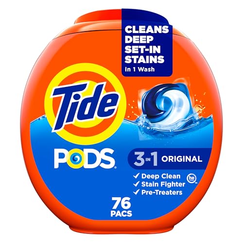 Tide PODS Laundry Detergent Pacs 3in1 Stain Remover Odor Fighter Color Protector 76 Count HE compatible Original Scent