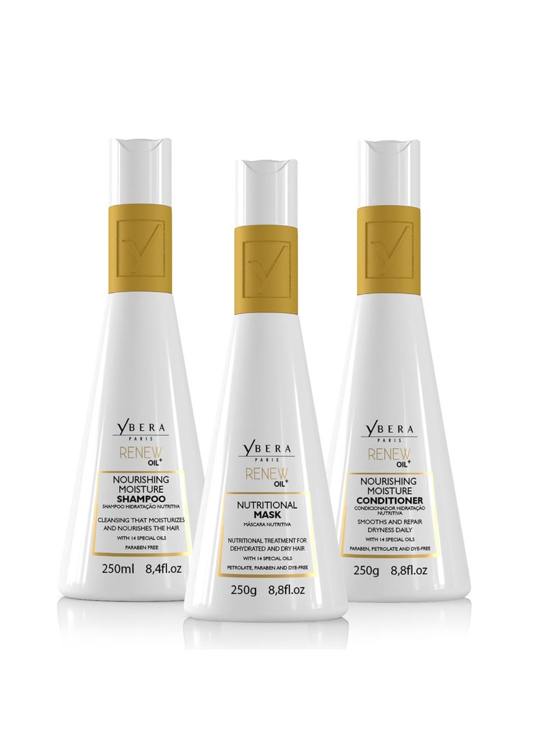 Ybera Paris Renew Oil Home Care Kit, Anti-age, Powerful Antioxidant, High Emollient Power, Fights Free Radicals, Nutritious Shampoo 8.4 & Conditioner 8.8 & Mask 8.8 Oz Daily Care with Olive Elixir 