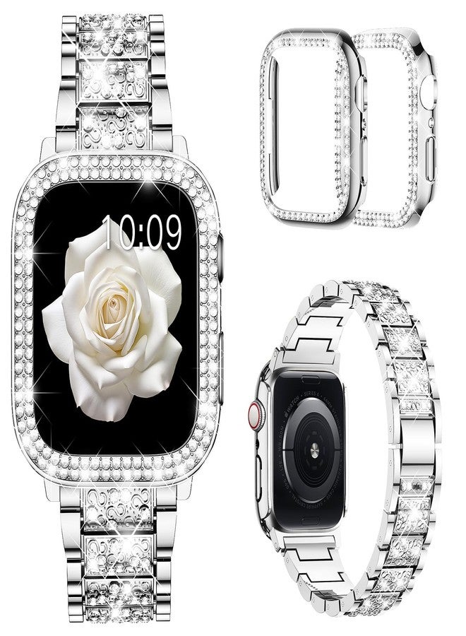 Mosonio Compatible with Apple Watch Band 46mm S11/S10 with Case Women, Jewelry Replacement Metal Wristband with 2 Pack Bling PC Protective Cover for iWatch Series 11/10(46mm,Silver) - Image 1