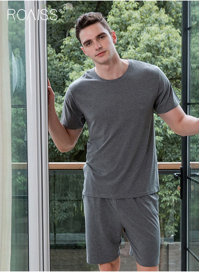 roaiss 2Pcs Pure Cotton Home Pajamas Set for Men Summer Round Neck Loose Short Sleeve and Comfortable Elastic Waistband Shorts Simple Pure Color Breathable Casual Pyjama Suit  - Image 1