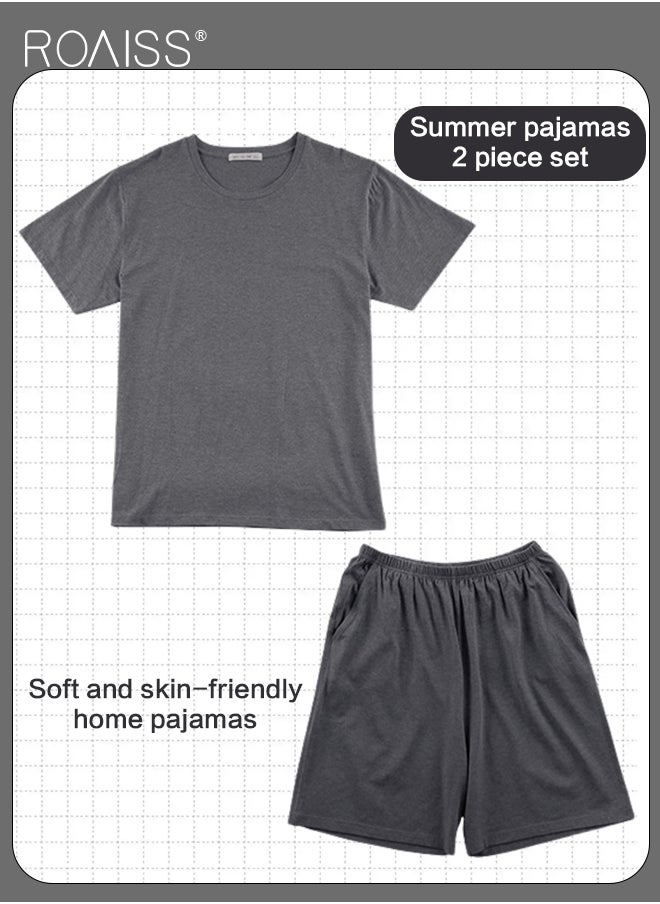 roaiss 2Pcs Pure Cotton Home Pajamas Set for Men Summer Round Neck Loose Short Sleeve and Comfortable Elastic Waistband Shorts Simple Pure Color Breathable Casual Pyjama Suit  - Image 5