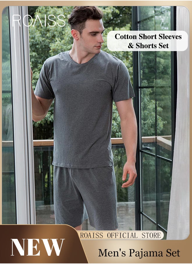 roaiss 2Pcs Pure Cotton Home Pajamas Set for Men Summer Round Neck Loose Short Sleeve and Comfortable Elastic Waistband Shorts Simple Pure Color Breathable Casual Pyjama Suit  - Image 2