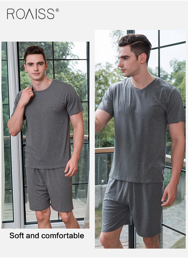 roaiss 2Pcs Pure Cotton Home Pajamas Set for Men Summer Round Neck Loose Short Sleeve and Comfortable Elastic Waistband Shorts Simple Pure Color Breathable Casual Pyjama Suit  - Image 3