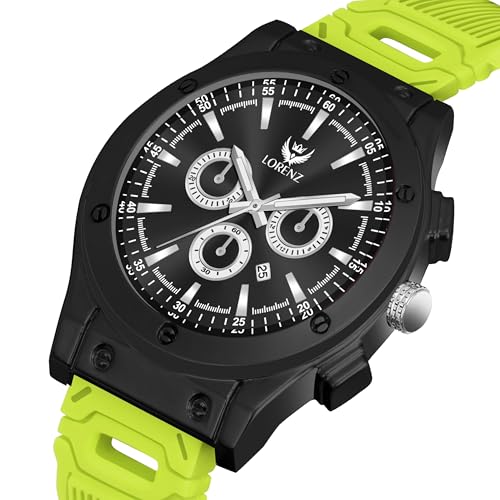LORENZ Men's Casual Sporty Watch with Black Dial, Waterproof, Neon Green Silicone Strap | MK-4098R - Image 2