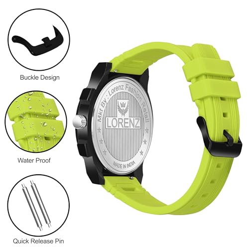 LORENZ Men's Casual Sporty Watch with Black Dial, Waterproof, Neon Green Silicone Strap | MK-4098R - Image 3