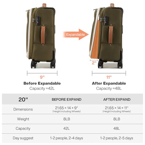 mixi Carry On Luggage 20 Inch Softside Expandable Suitcase with Front Pocket, 22x14x9 Airline Approved Rolling Lightweight Travel Suitcases with Wheels & TSA (Tea Brown-Off White) - Image 5