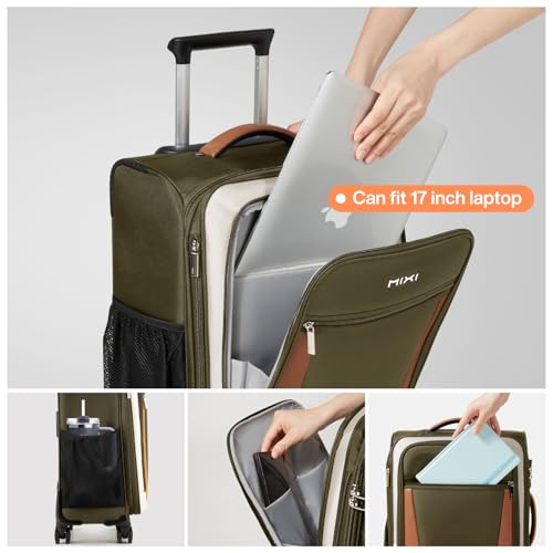 mixi Carry On Luggage 20 Inch Softside Expandable Suitcase with Front Pocket, 22x14x9 Airline Approved Rolling Lightweight Travel Suitcases with Wheels & TSA (Tea Brown-Off White) - Image 4