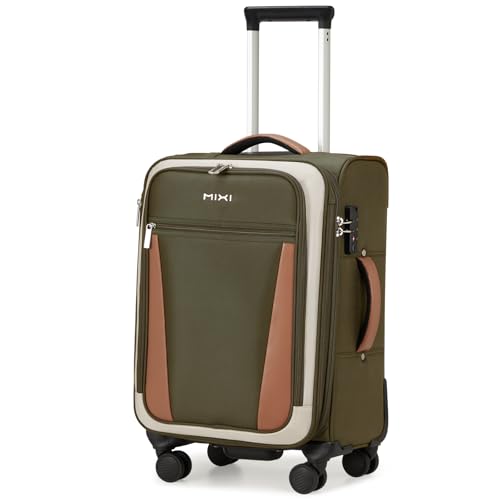mixi Carry On Luggage 20 Inch Softside Expandable Suitcase with Front Pocket, 22x14x9 Airline Approved Rolling Lightweight Travel Suitcases with Wheels & TSA (Tea Brown-Off White) - Image 1