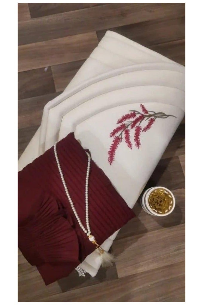 Mihrab Prayer Rug Set with 2cm Thick Foam Lining and Prayer Dress with Side Tie and Pleated Trims - Burgundy  - Image 3