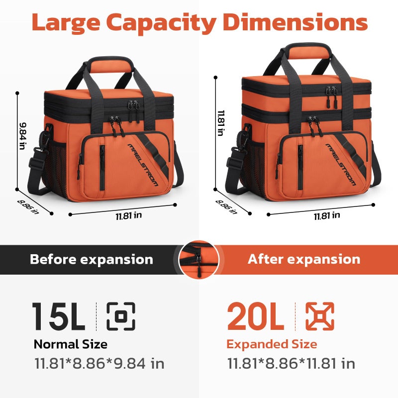 Maelstrom Lunch Box, 20L Insulated Lunch Bag for Men Women, Expandable Double Deck Leakproof Cooler Bag with 6 Pockets, Reusable Lunch Tote Bag for Work, Picnic, Travel, Orange - Image 2