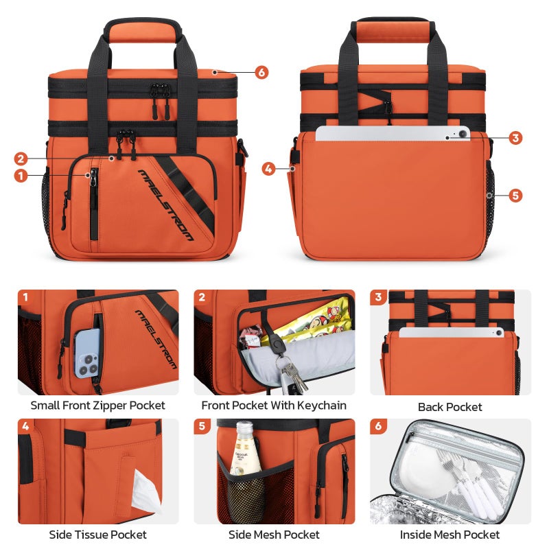 Maelstrom Lunch Box, 20L Insulated Lunch Bag for Men Women, Expandable Double Deck Leakproof Cooler Bag with 6 Pockets, Reusable Lunch Tote Bag for Work, Picnic, Travel, Orange - Image 3