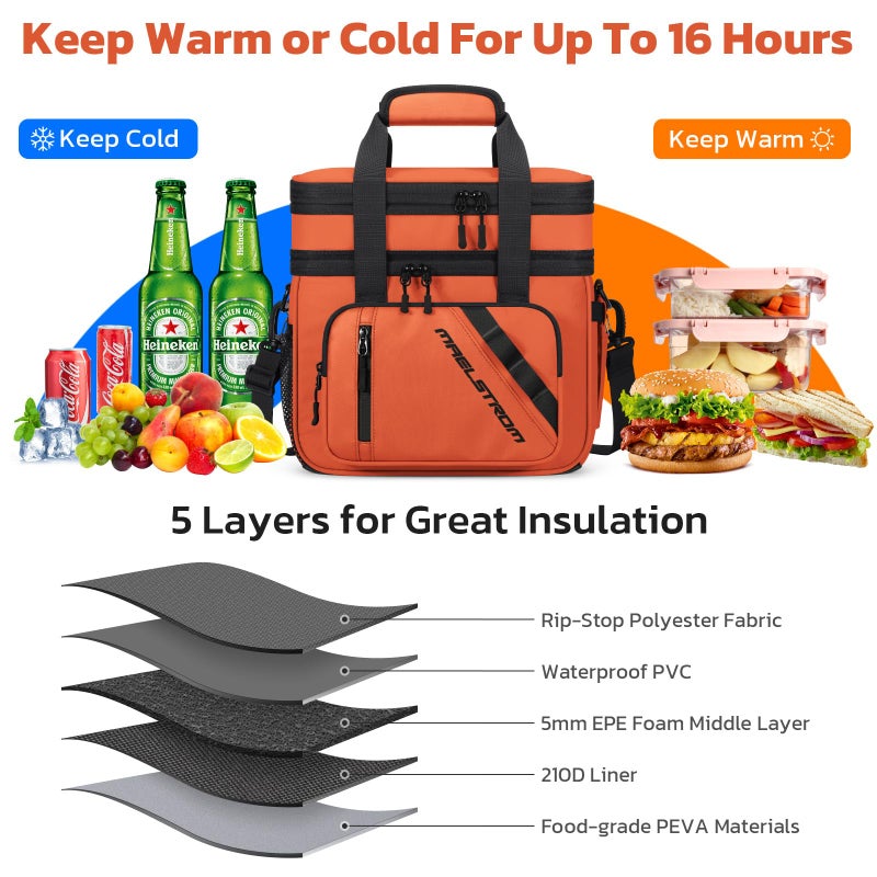 Maelstrom Lunch Box, 20L Insulated Lunch Bag for Men Women, Expandable Double Deck Leakproof Cooler Bag with 6 Pockets, Reusable Lunch Tote Bag for Work, Picnic, Travel, Orange - Image 4