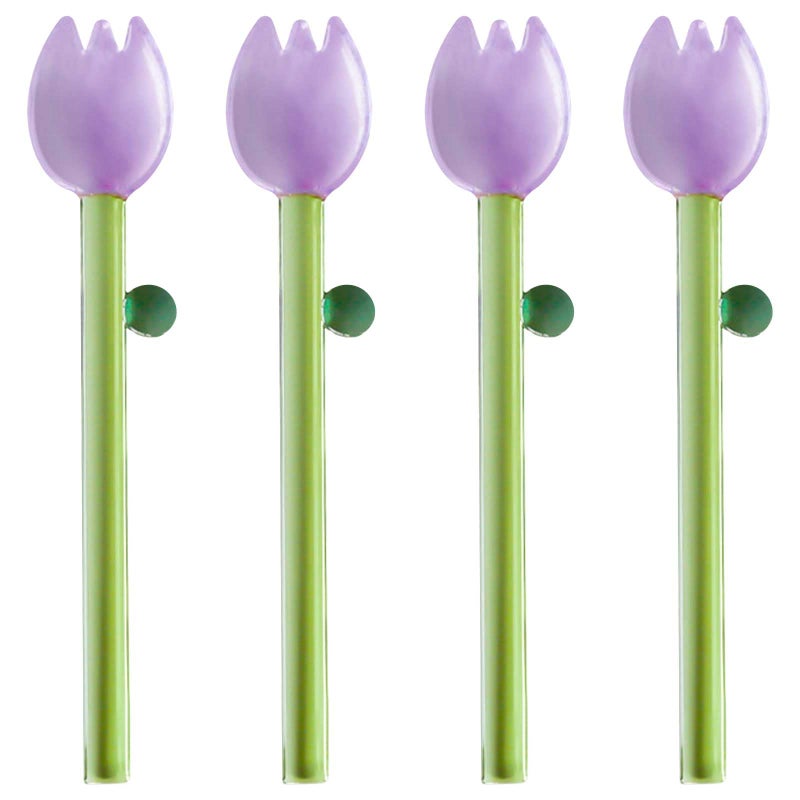 Rddconkit 4 Pcs Borosilicate Color Transparent Glass Spoons,Cute Flower Long Handle Spoons for Ice Cream Dessert Coffee Stirring (Purple Bud Spoon) - Image 1