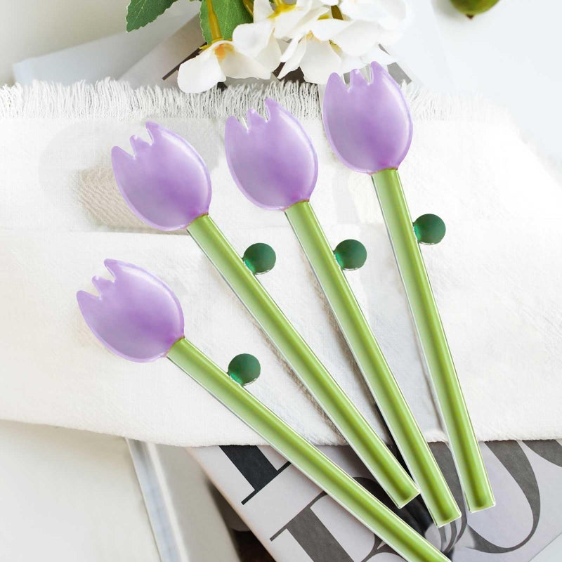 Rddconkit 4 Pcs Borosilicate Color Transparent Glass Spoons,Cute Flower Long Handle Spoons for Ice Cream Dessert Coffee Stirring (Purple Bud Spoon) - Image 3