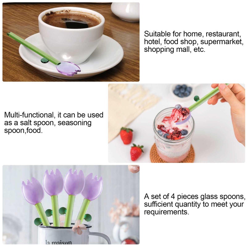 Rddconkit 4 Pcs Borosilicate Color Transparent Glass Spoons,Cute Flower Long Handle Spoons for Ice Cream Dessert Coffee Stirring (Purple Bud Spoon) - Image 4