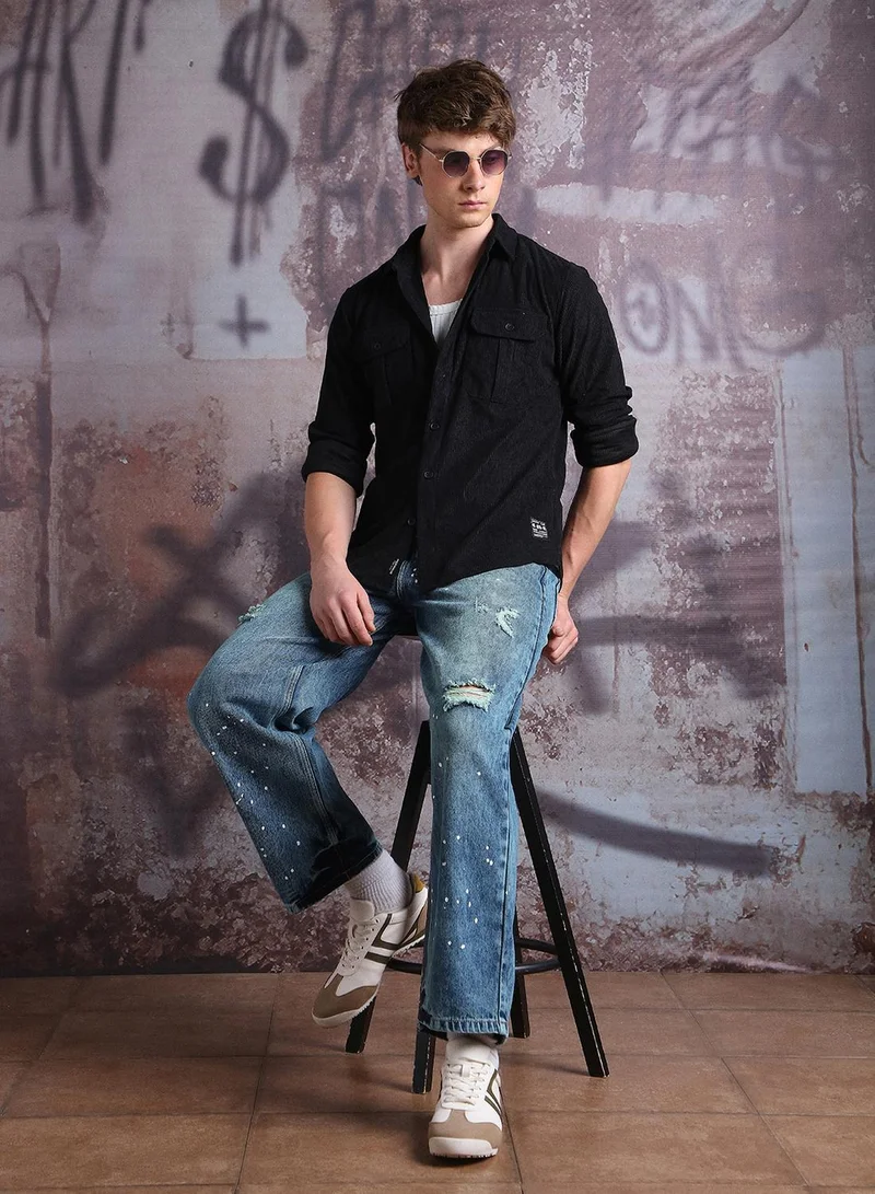 هوبرهولمي قميص رجالي كاجوال مريح بياقة ممتدة ونقشة بارزة