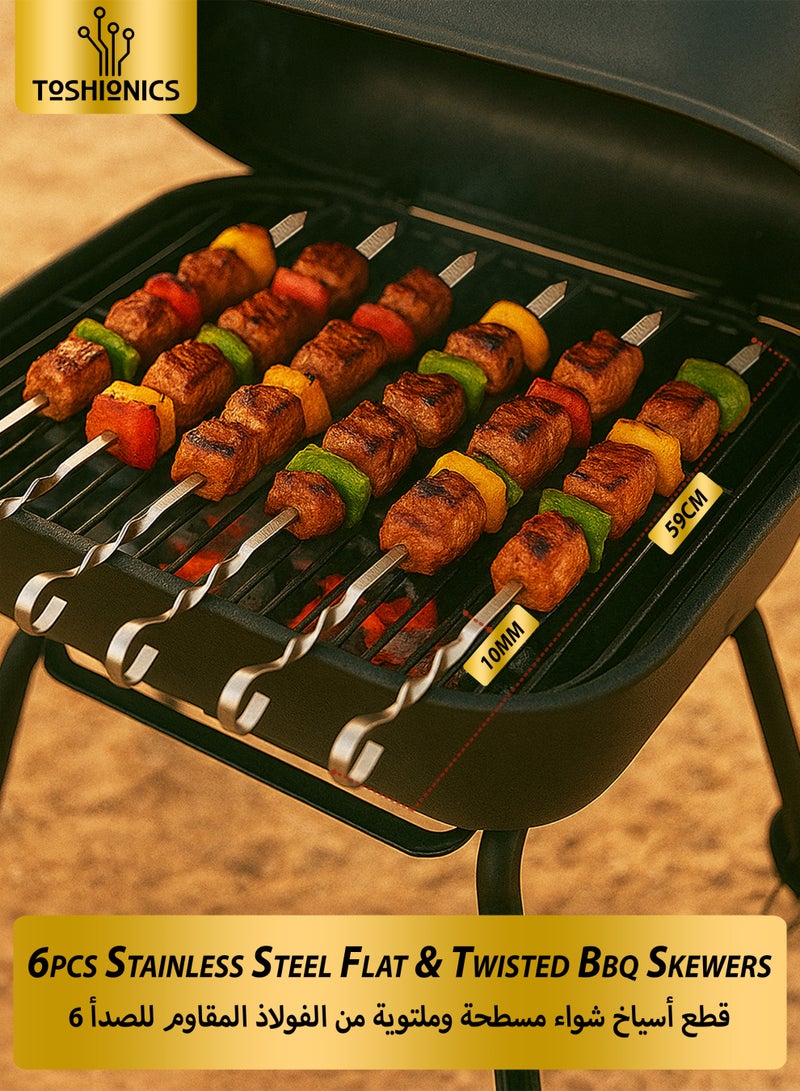 Toshionics 6 PCS Stainless Steel BBQ Skewers Set – Flat & Twisted Reusable Kebab Sticks with Heat-Insulated Handle & Hanging Loop – Heavy Duty Meat & Vegetable Grill Skewers for BBQ, Camping, Picnic and Party  – 59 cm long × 10 mm thick - Image 1