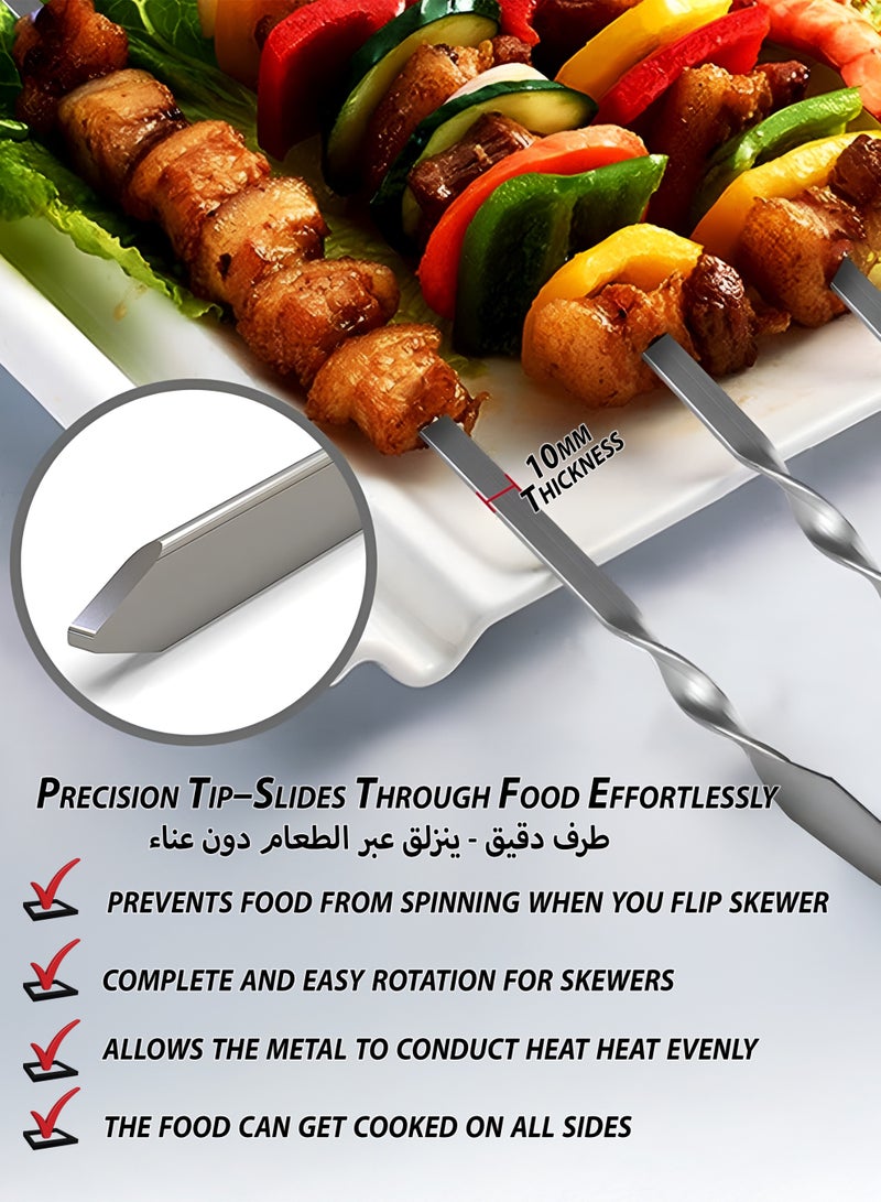 Toshionics 6 PCS Stainless Steel BBQ Skewers Set – Flat & Twisted Reusable Kebab Sticks with Heat-Insulated Handle & Hanging Loop – Heavy Duty Meat & Vegetable Grill Skewers for BBQ, Camping, Picnic and Party  – 59 cm long × 10 mm thick - Image 3