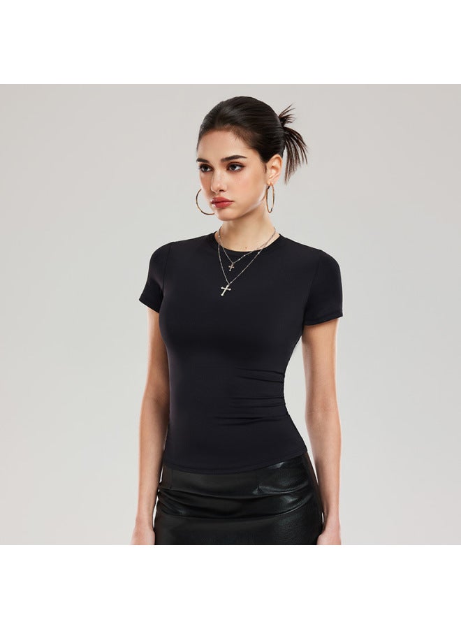 American-style Solid Color Short-sleeve Regular Shoulder T-shirt For Women, Naked-feel Quick-dry Yoga Wear, Slim-fit, Slimming Sports Fitness Running Top