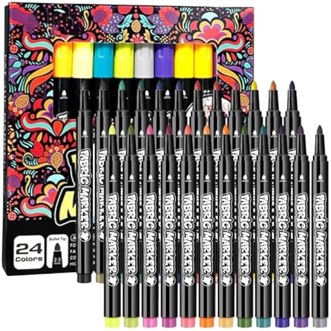 FM 24 PCS FABRIC PENS, FABRIC MARKERS WITH FINE TIP, LONG-LASTING LAUNDRY PEN FOR SHOES, CLOTHES, T-SHIRTS, DIY CRAFT KITS, CANVAS ART, FABRIC PAINTING TOOLS, TEXTILE MARKER SET FOR KIDS AND ADULTS - Image 1