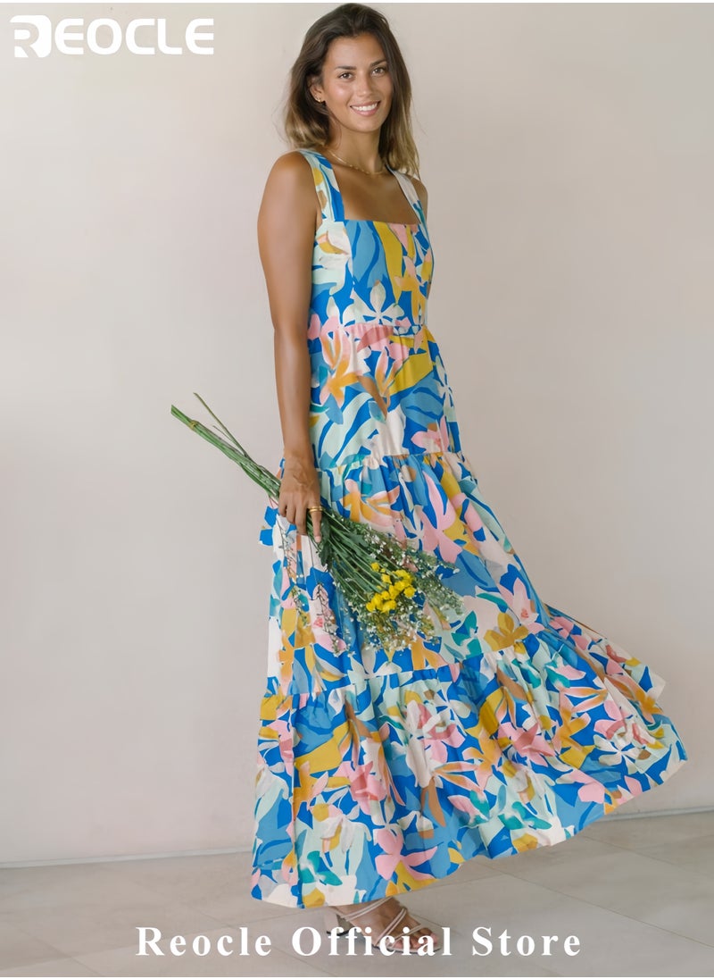 REOCLE Women Dresses Summer Floral Sleeveless Maxi Dress Casual Spaghetti Strap Tiered Flowy Beach Long Dress  - Image 5