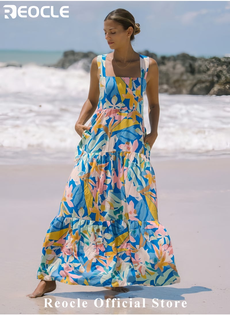 REOCLE Women Dresses Summer Floral Sleeveless Maxi Dress Casual Spaghetti Strap Tiered Flowy Beach Long Dress  - Image 2