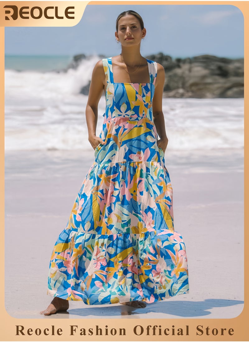 REOCLE Women Dresses Summer Floral Sleeveless Maxi Dress Casual Spaghetti Strap Tiered Flowy Beach Long Dress  - Image 1