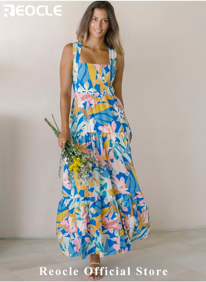 REOCLE Women Dresses Summer Floral Sleeveless Maxi Dress Casual Spaghetti Strap Tiered Flowy Beach Long Dress  - Image 4