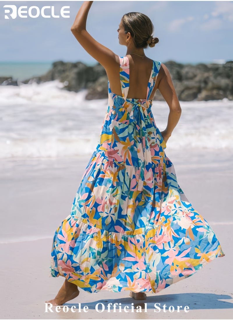 REOCLE Women Dresses Summer Floral Sleeveless Maxi Dress Casual Spaghetti Strap Tiered Flowy Beach Long Dress  - Image 3