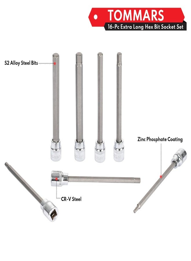 TOMMARS 16-Pc 3/8 Inch Drive Long Hex Bit Socket Set, Extra Long Allen Socket Set, CR-V and S2 Steel, SAE & Metric 1/8-3/8 in., 3-10 mm. - Image 4