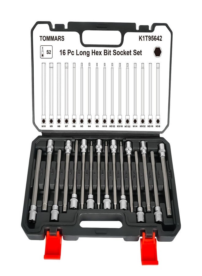 TOMMARS 16-Pc 3/8 Inch Drive Long Hex Bit Socket Set, Extra Long Allen Socket Set, CR-V and S2 Steel, SAE & Metric 1/8-3/8 in., 3-10 mm. - Image 1