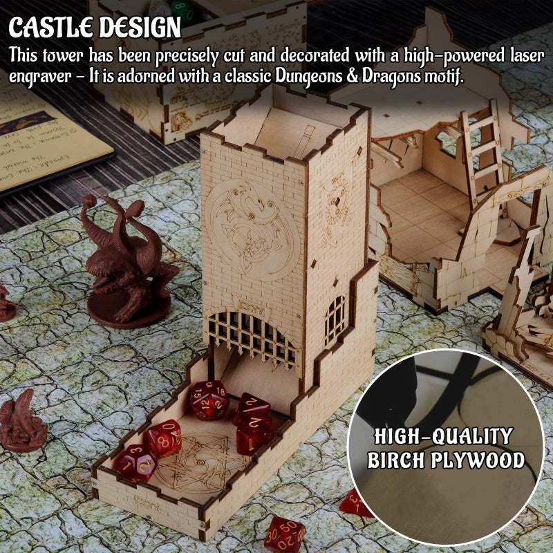 CZYY Castle Dice Tower with Tray Wood Laser Cut Dragon Carving Easy Roller Perfect for Board Game DD and RPG Castle - Image 3
