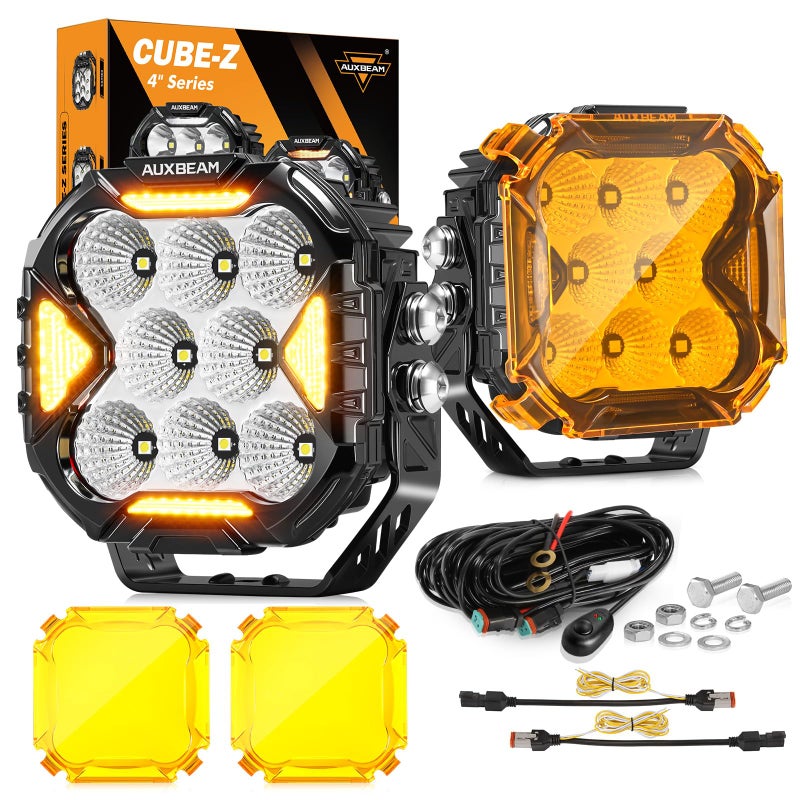 Auxbeam CubeZ Series 4 Led Pods with Amber Covers 112W 12800LM Flood Offroad Driving Lights with DRL Turn Signal Cube Ditch Lights with DT Wiring Harness for Jeep Offroad ATV UTV Pair