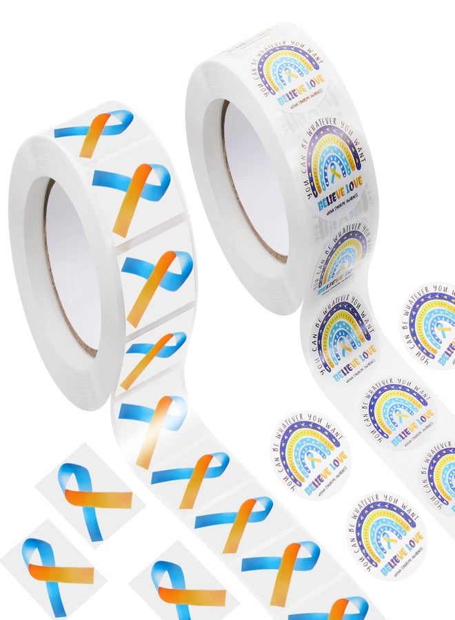 Epakh 1000 Pieces Down Syndrome Awareness Stickers Rainbow Blue and Yellow Ribbon Stickers Adhesive Down Syndrome Awareness Decal You Can Be Whatever You Want Envelopes Tag, 2 Roll - Image 1