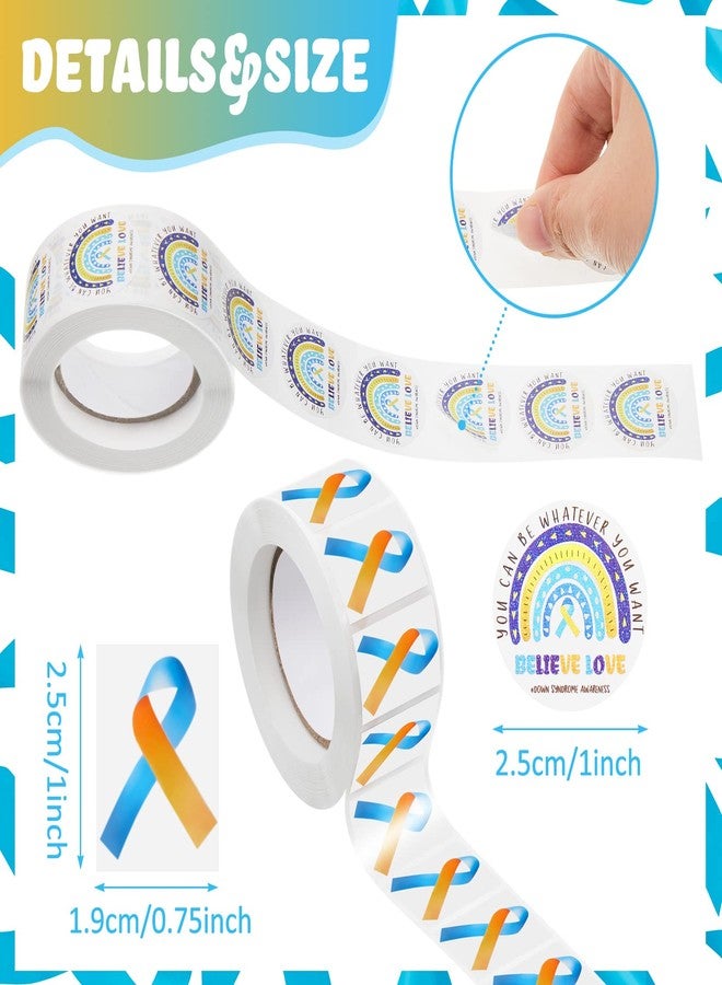 Epakh 1000 Pieces Down Syndrome Awareness Stickers Rainbow Blue and Yellow Ribbon Stickers Adhesive Down Syndrome Awareness Decal You Can Be Whatever You Want Envelopes Tag, 2 Roll - Image 2